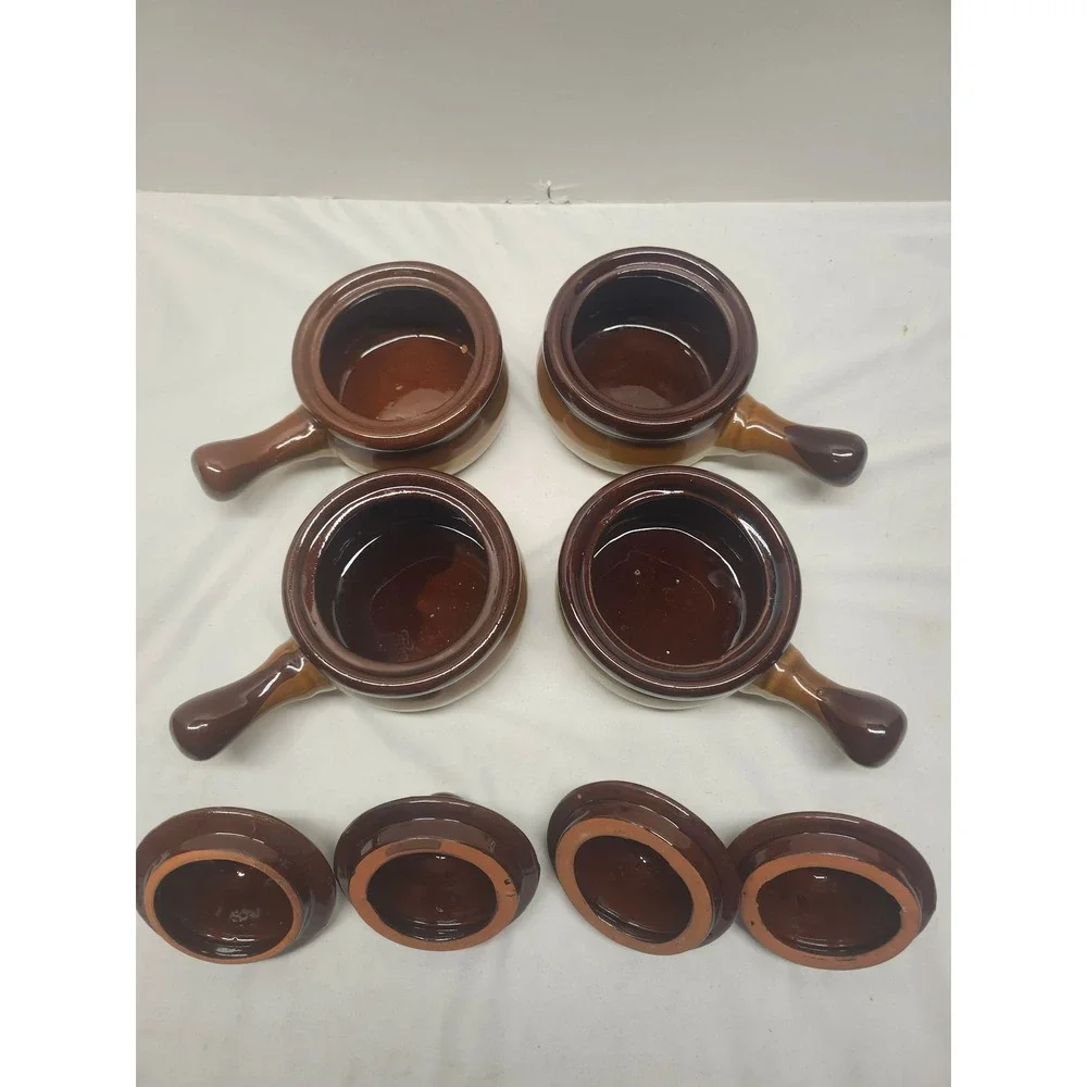 Vintage French Onion Soup Stoneware Crocks with Lids Brown Two Tone Set of 4